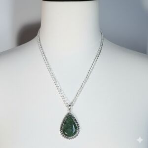 Jade 18" Necklace Pendant & Chain Double Link Copper Silver Plate Green Gemstone